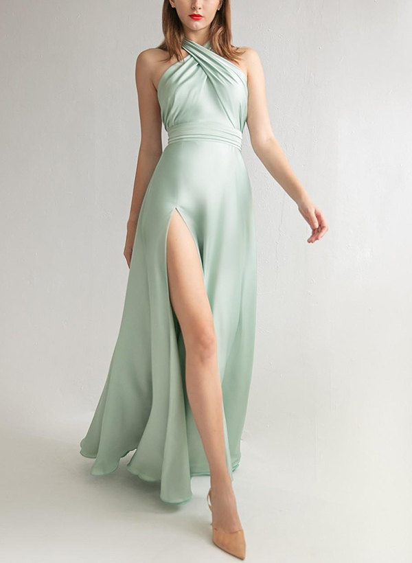 A-Line Halter Sleeveless Floor-Length Bridesmaid Dresses With Split Front