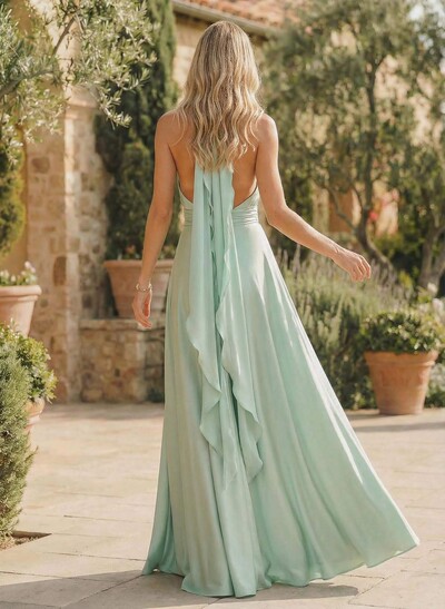 A-Line Halter Sleeveless Floor-Length Bridesmaid Dresses With Split Front