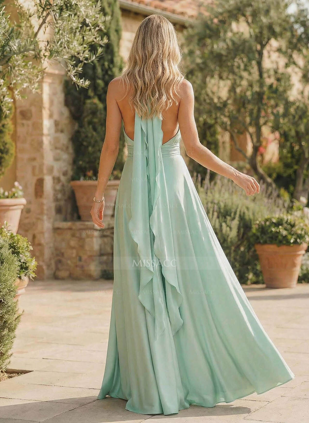 A-Line Halter Sleeveless Floor-Length Bridesmaid Dresses With Split Front