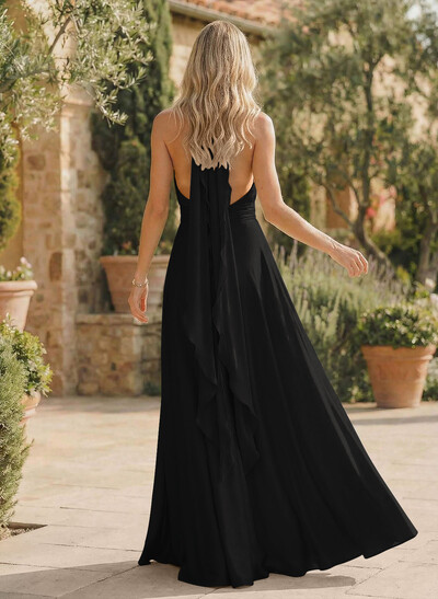 A-Line Halter Sleeveless Floor-Length Bridesmaid Dresses With Split Front