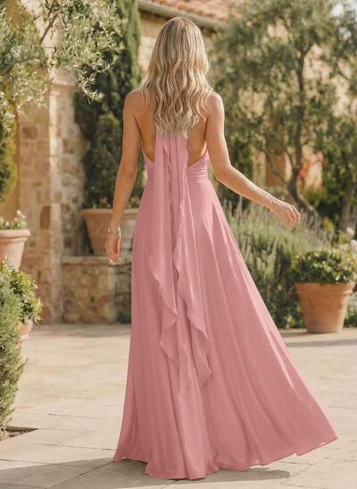 A-Line Halter Sleeveless Floor-Length Bridesmaid Dresses With Split Front