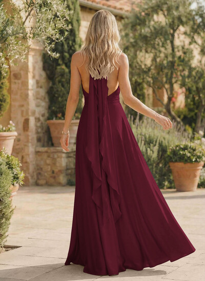 A-Line Halter Sleeveless Floor-Length Bridesmaid Dresses With Split Front