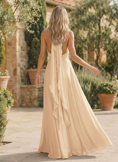 A-Line Halter Sleeveless Floor-Length Bridesmaid Dresses With Split Front