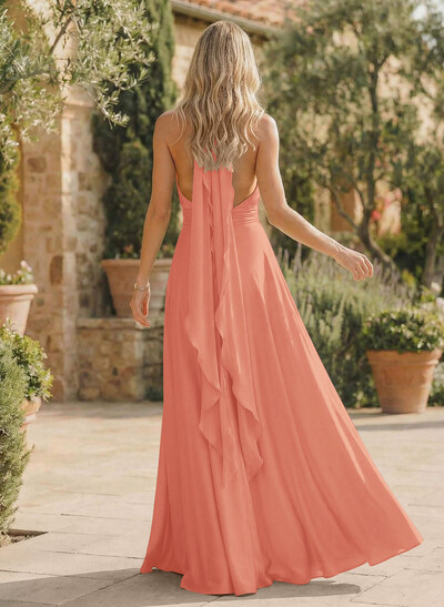 A-Line Halter Sleeveless Floor-Length Bridesmaid Dresses With Split Front