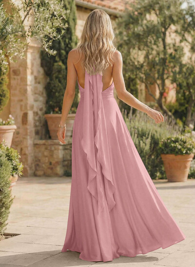 A-Line Halter Sleeveless Floor-Length Bridesmaid Dresses With Split Front