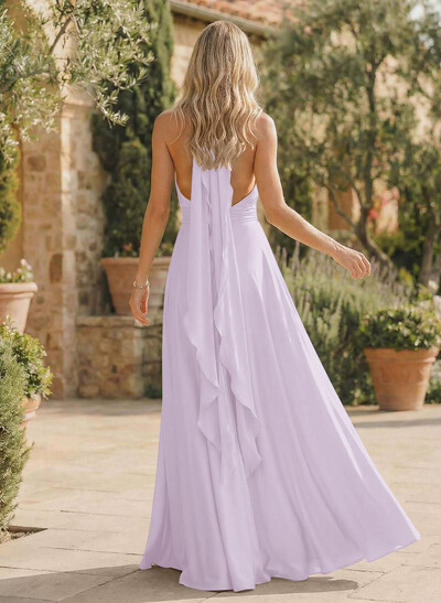 A-Line Halter Sleeveless Floor-Length Bridesmaid Dresses With Split Front