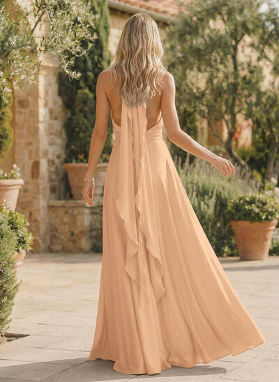 A-Line Halter Sleeveless Floor-Length Bridesmaid Dresses With Split Front
