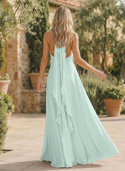 A-Line Halter Sleeveless Floor-Length Bridesmaid Dresses With Split Front
