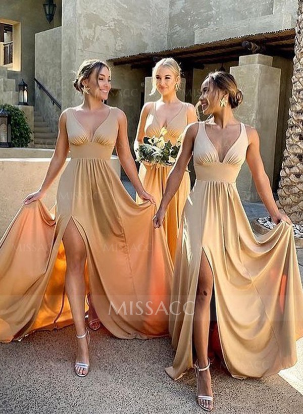 A-Line V-Neck Sleeveless Sweep Train Bridesmaid Dresses