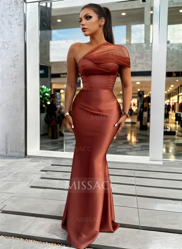 Trumpet/Mermaid One-Shoulder Sleeveless Satin/Tulle Bridesmaid Dresses