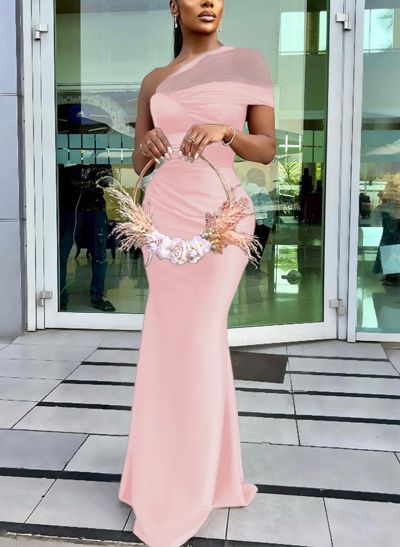 Trumpet/Mermaid One-Shoulder Sleeveless Satin/Tulle Bridesmaid Dresses