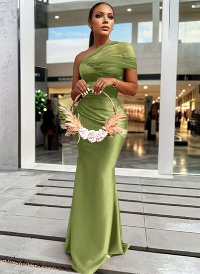 Trumpet/Mermaid One-Shoulder Sleeveless Satin/Tulle Bridesmaid Dresses Trumpet/Mermaid One-Shoulder Sleeveless Satin/Tulle Bridesmaid Dresses