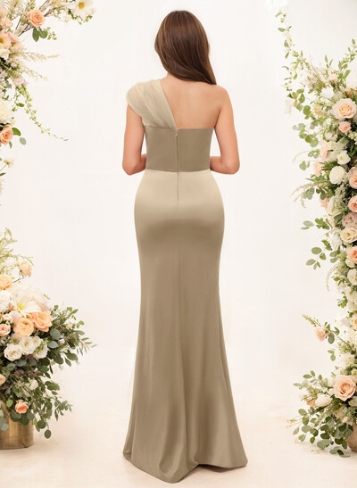 Trumpet/Mermaid One-Shoulder Sleeveless Satin/Tulle Bridesmaid Dresses Trumpet/Mermaid One-Shoulder Sleeveless Satin/Tulle Bridesmaid Dresses