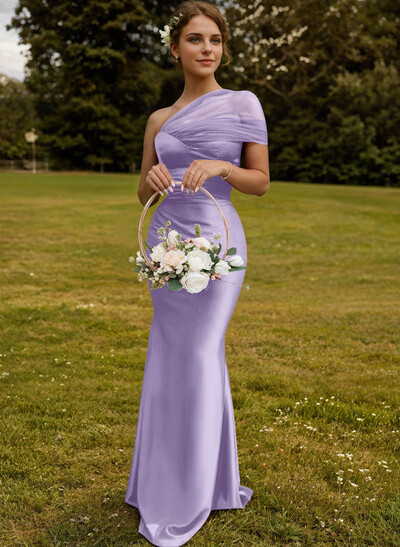 Trumpet/Mermaid One-Shoulder Sleeveless Satin/Tulle Bridesmaid Dresses