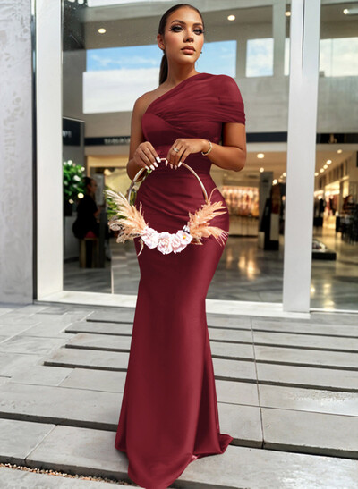 Trumpet/Mermaid One-Shoulder Sleeveless Satin/Tulle Bridesmaid Dresses