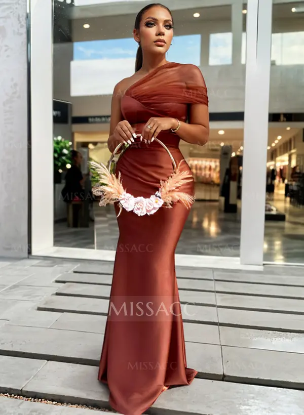 Trumpet/Mermaid One-Shoulder Sleeveless Satin/Tulle Bridesmaid