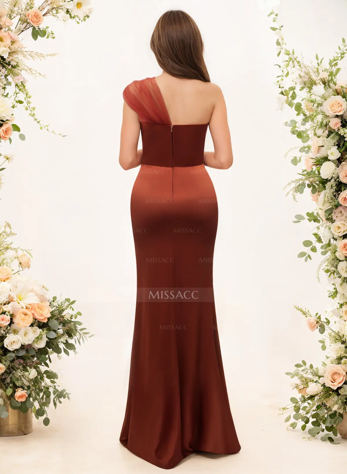 Missacc Home Try-on Cinnamon Rose Bridesmaid Trumpet/Mermaid One-Shoulder Sleeveless Satin/Tulle Bridesmaid Dresses