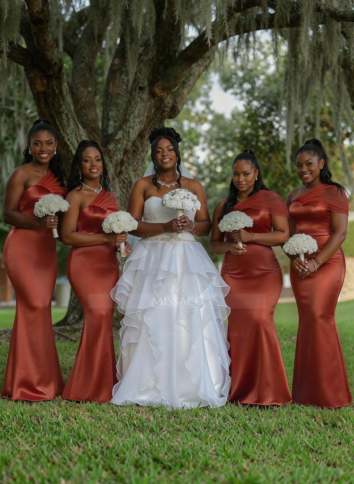 Trumpet/Mermaid One-Shoulder Sleeveless Satin/Tulle Bridesmaid Dresses