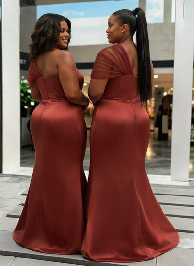 Trumpet/Mermaid One-Shoulder Sleeveless Satin/Tulle Bridesmaid Dresses