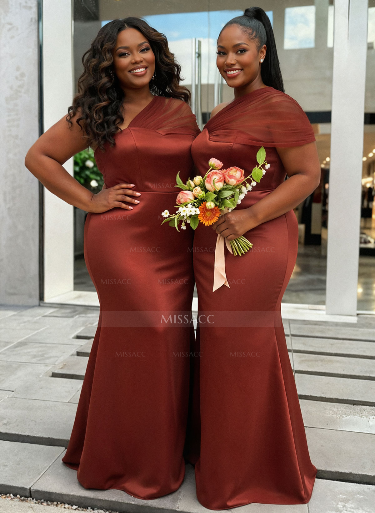 Trumpet/Mermaid One-Shoulder Sleeveless Satin/Tulle Bridesmaid Dresses