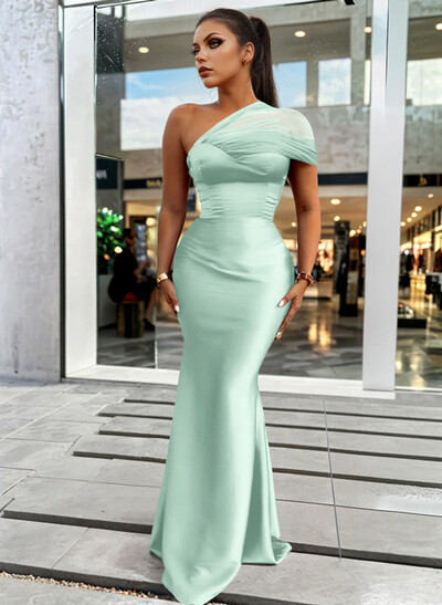 Trumpet/Mermaid One-Shoulder Sleeveless Satin/Tulle Bridesmaid Dresses