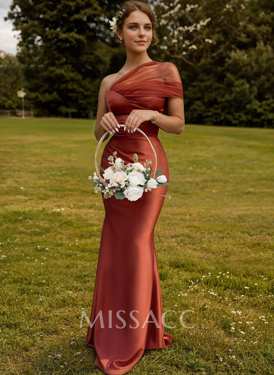 Trumpet/Mermaid One-Shoulder Sleeveless Satin/Tulle Bridesmaid Dresses