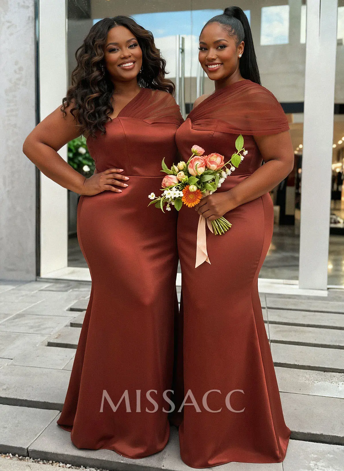 Trumpet/Mermaid One-Shoulder Sleeveless Satin/Tulle Bridesmaid