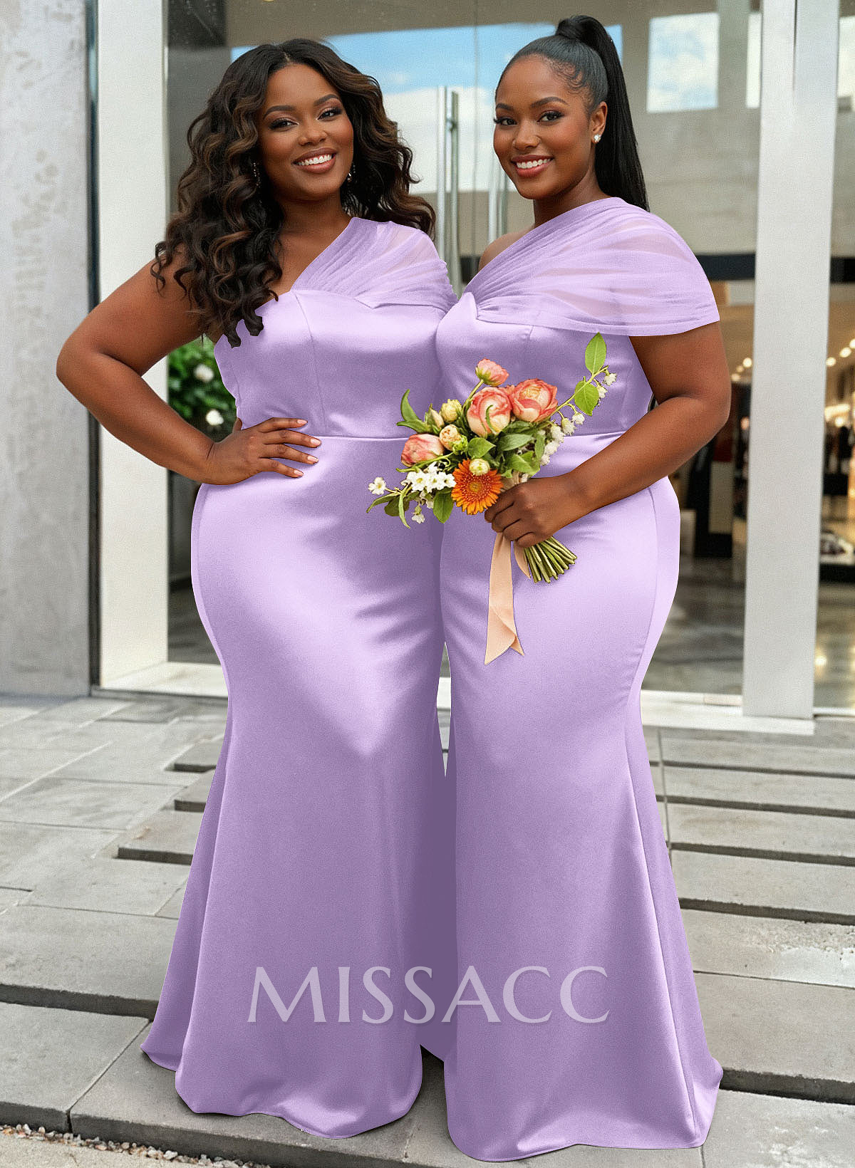 Trumpet/Mermaid One-Shoulder Sleeveless Satin/Tulle Bridesmaid Dresses