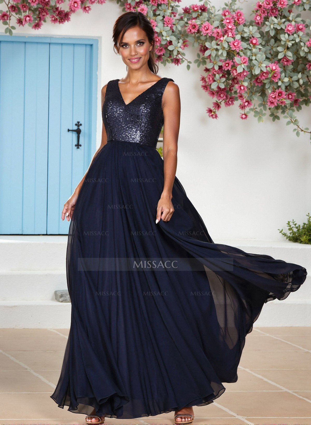 Sequined V-Neck A-Line Chiffon Bridesmaid Dresses