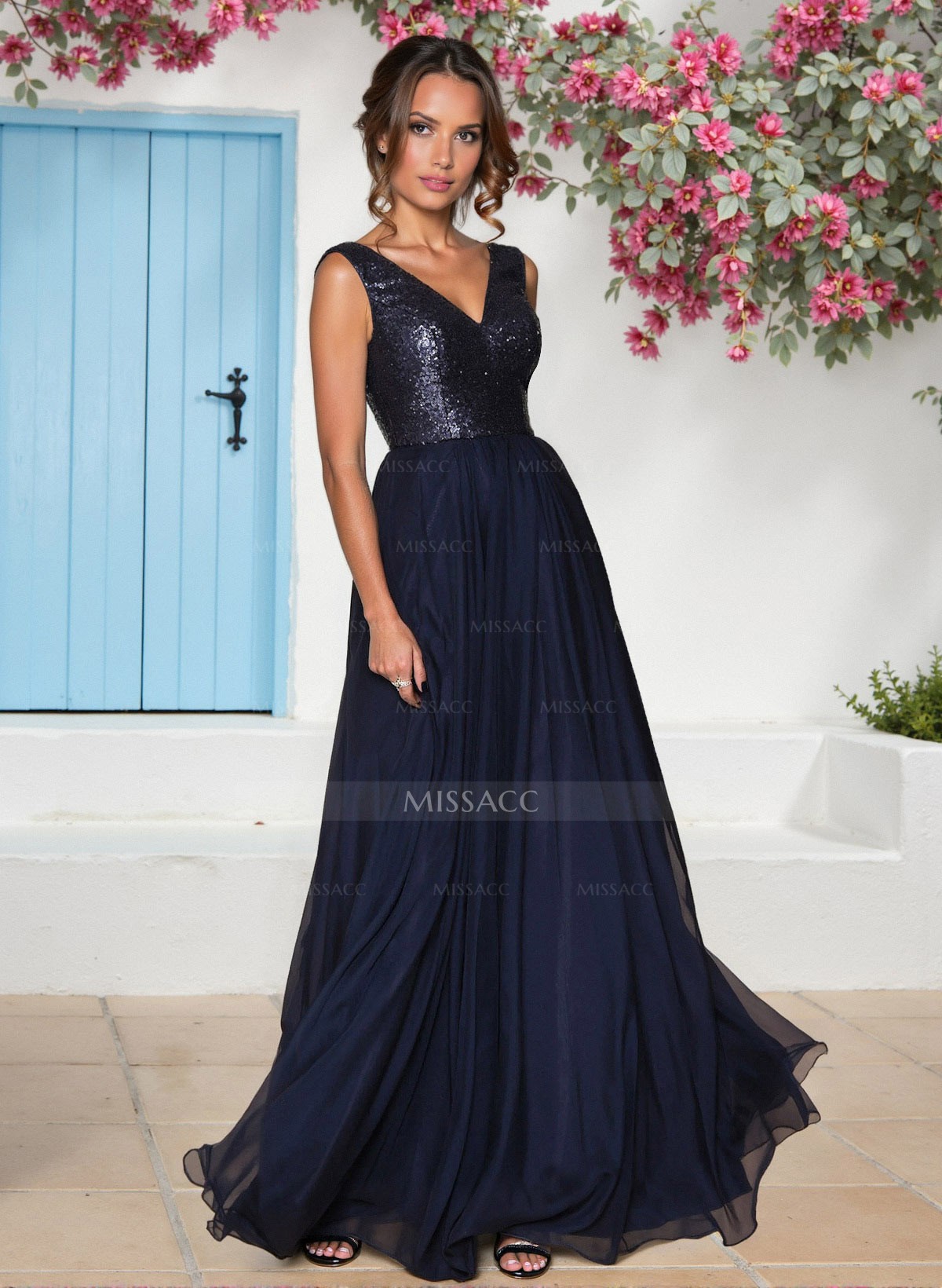 Sequined V-Neck A-Line Chiffon Bridesmaid Dresses