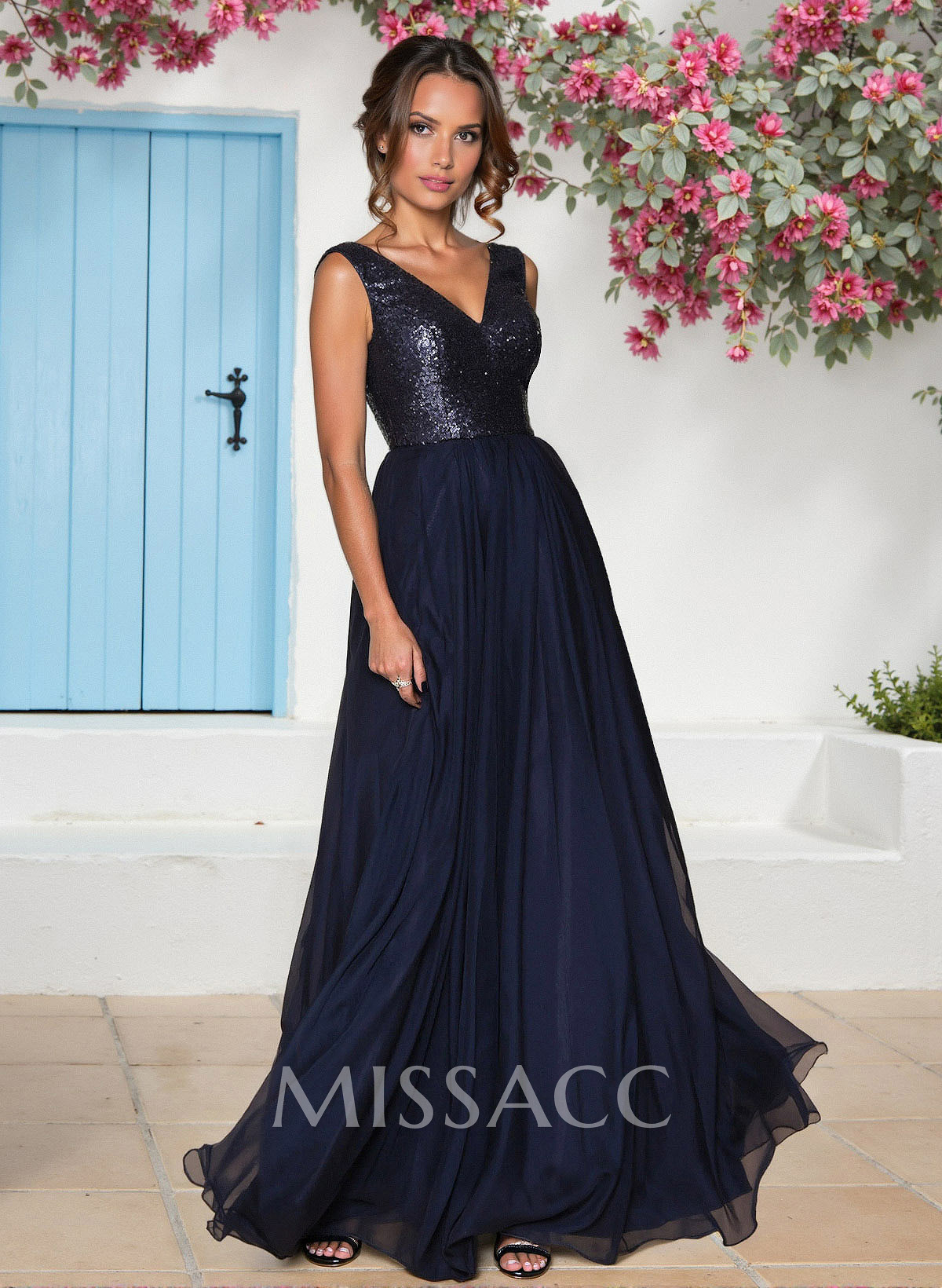 Sequined V-Neck A-Line Chiffon Bridesmaid Dresses