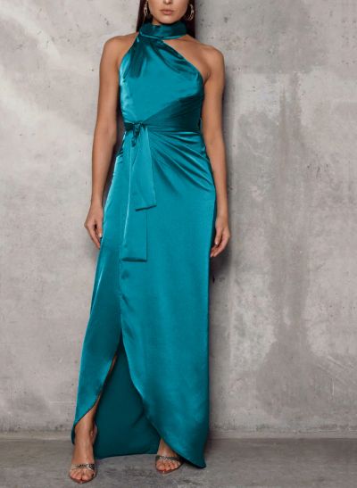 High Neck Silk Like Satin Asymmetrical Bridesmaid Dresses