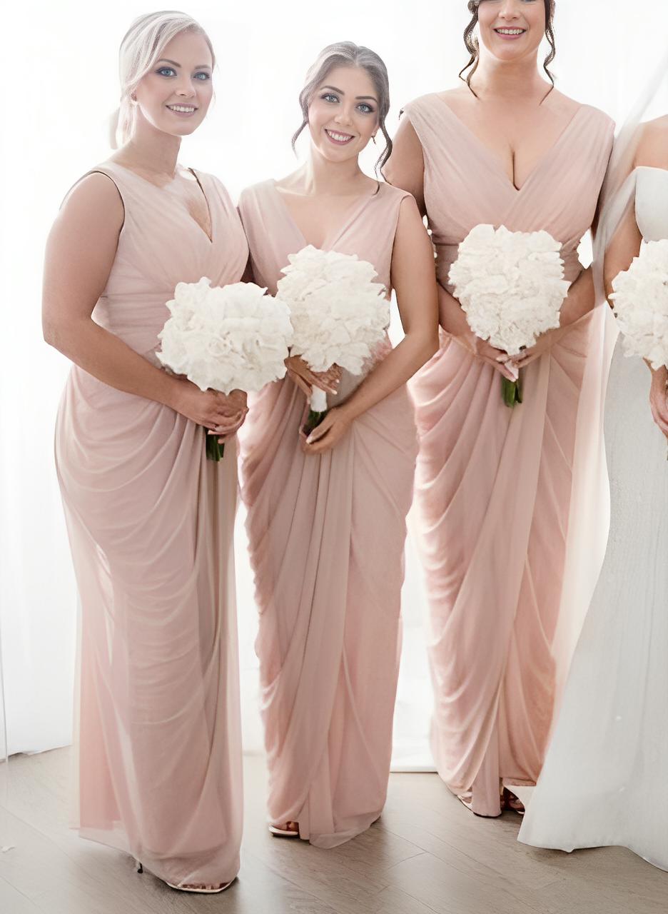 V-Neck Chiffon Floor-Length Ruffles Bridesmaid Dresses
