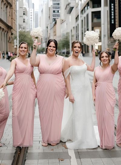 V-Neck Chiffon Floor-Length Ruffles Bridesmaid Dresses