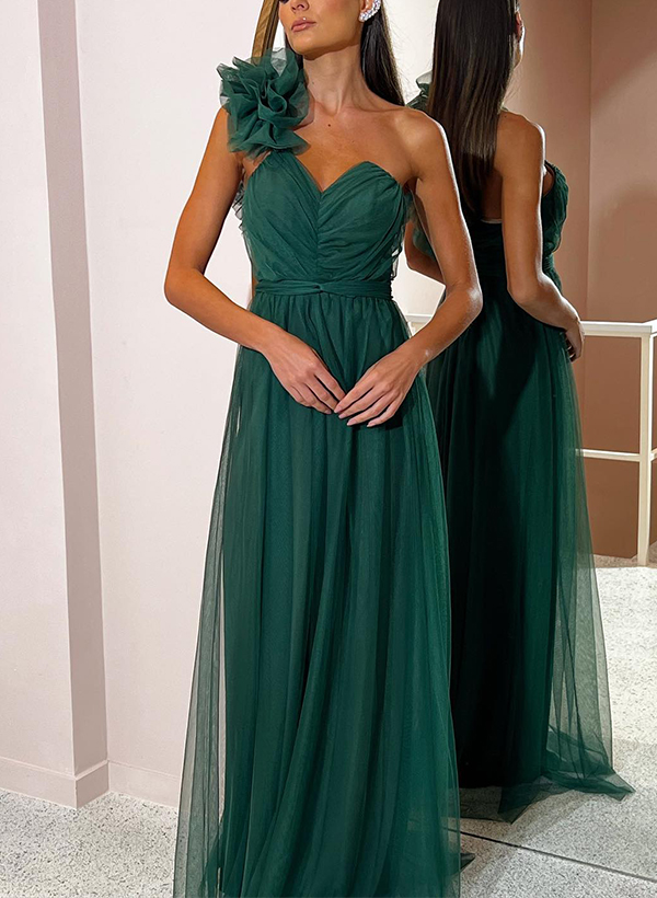 A-Line One-Shoulder Sleeveless Floor-Length Tulle Bridesmaid Dresses