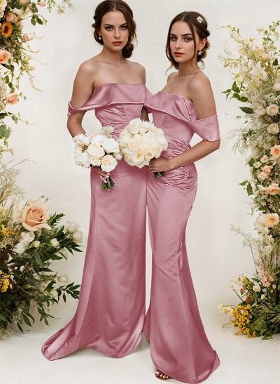 Off-The-Shoulder Sleeveless Sweep Train Satin Bridesmaid Dresses