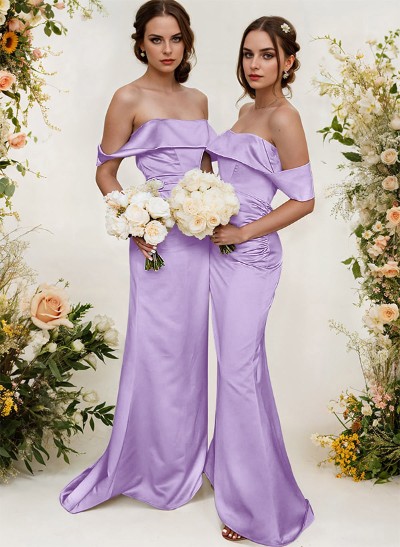 Off-The-Shoulder Sleeveless Sweep Train Satin Bridesmaid Dresses