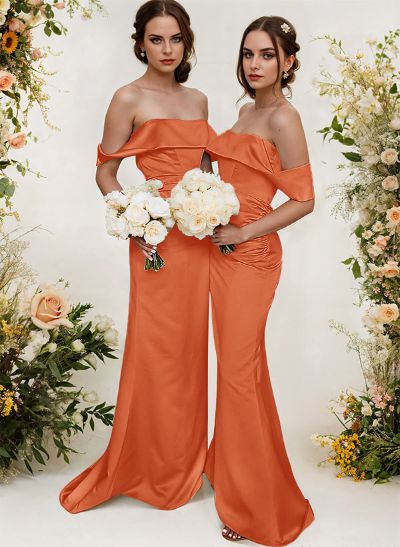 Off-The-Shoulder Sleeveless Sweep Train Satin Bridesmaid Dresses