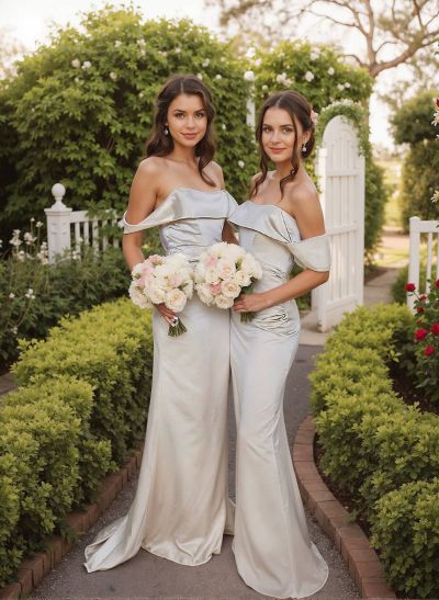 Off-The-Shoulder Sleeveless Sweep Train Satin Bridesmaid Dresses