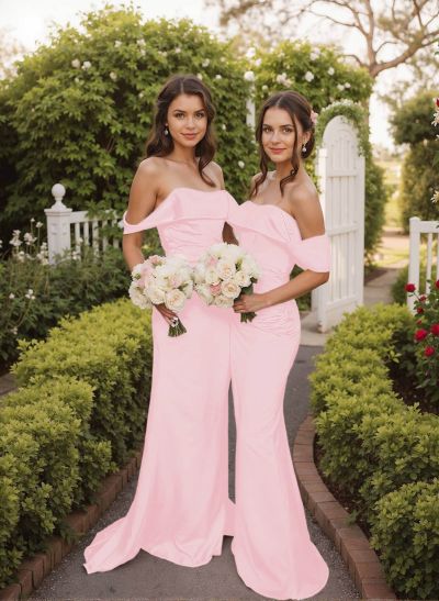 Off-The-Shoulder Sleeveless Sweep Train Satin Bridesmaid Dresses
