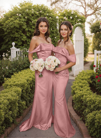 Off-The-Shoulder Sleeveless Sweep Train Satin Bridesmaid Dresses