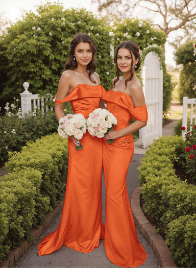Off-The-Shoulder Sleeveless Sweep Train Satin Bridesmaid Dresses