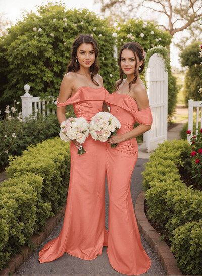 Off-The-Shoulder Sleeveless Sweep Train Satin Bridesmaid Dresses