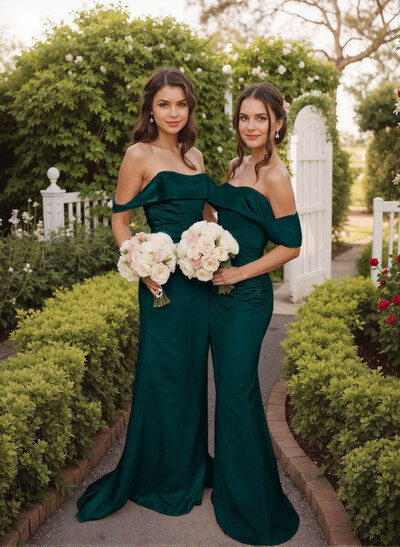 Off-The-Shoulder Sleeveless Sweep Train Satin Bridesmaid Dresses