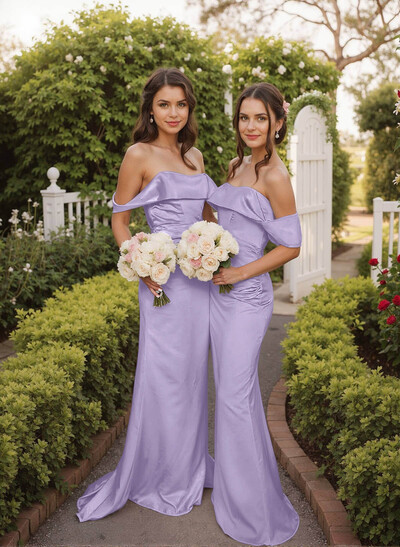 Off-The-Shoulder Sleeveless Sweep Train Satin Bridesmaid Dresses