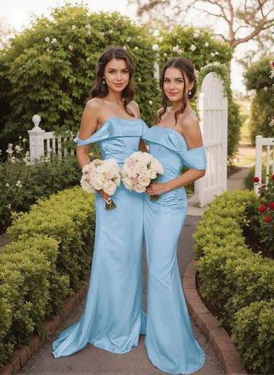 Plus Size Teal Bridesmaid Dresses Off-The-Shoulder Sleeveless Sweep Train  Satin Bridesmaid Dresses Missacc UK