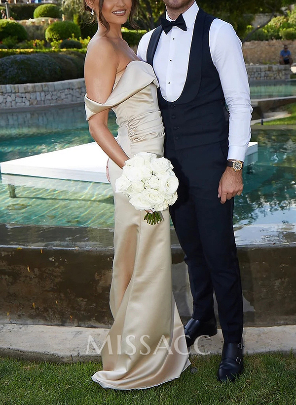 Off-The-Shoulder Sleeveless Sweep Train Satin Bridesmaid Dresses Off-The-Shoulder Sleeveless Sweep Train Satin Bridesmaid Dresses