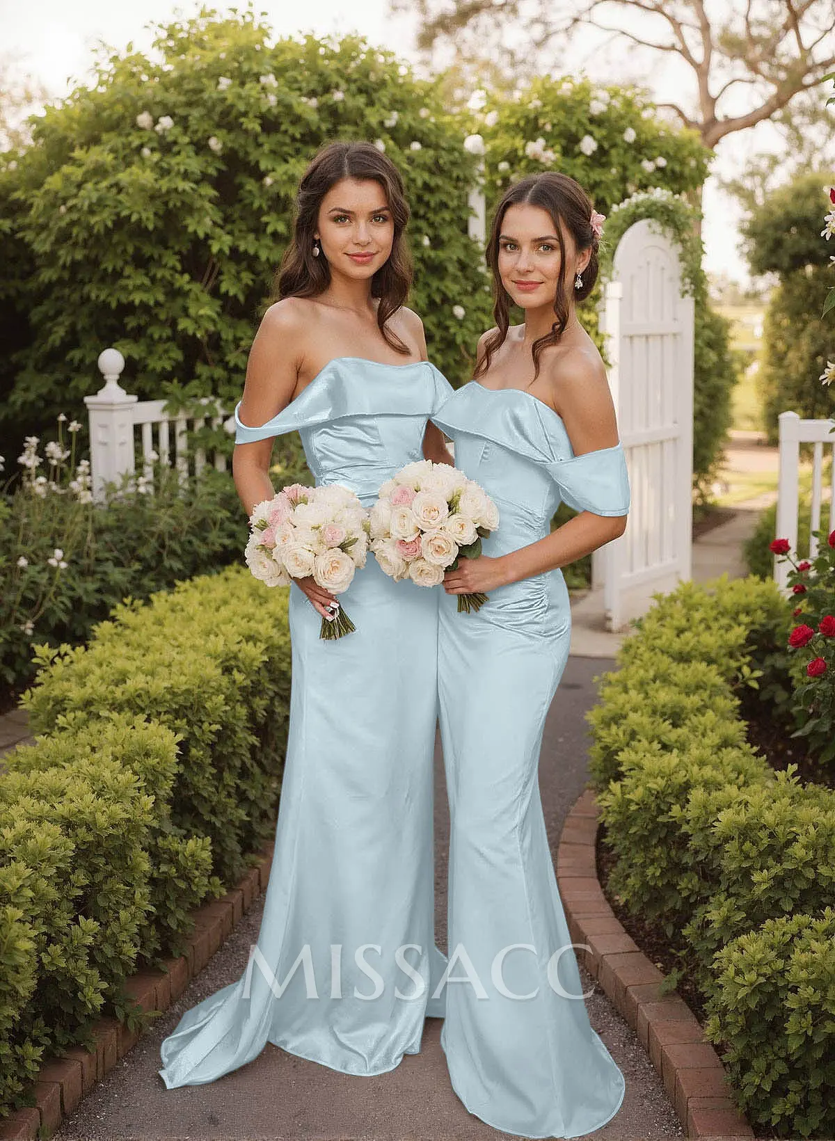 Missacc Light Blue Bridesmaid Off-The-Shoulder Sleeveless Sweep Train Satin Bridesmaid Dresses