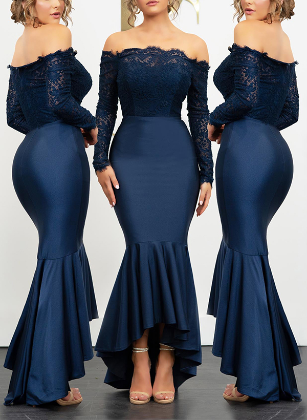 Mermaid Off-The-Shoulder Long Sleeves Lace/Charmeuse Bridesmaid Dresses
