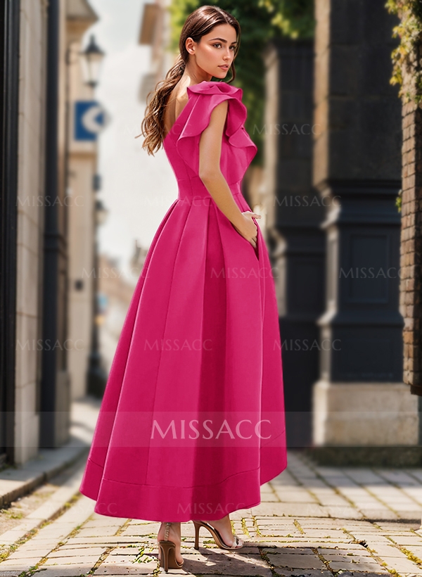 Elegant One-Shoulder With Ruffle Satin Cocktail Dresses With Pockets